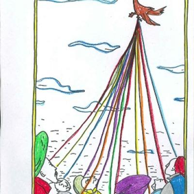 A children's drawing of a bird holding a collection of streamers in the sky, with a group of people in colourful hats below holding the other ends of the streamers 