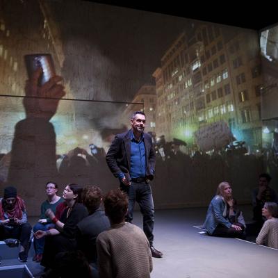Paul Mason in Why It's Kicking Off Everywhere at the Young Vic. Photo by David Sandison.