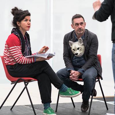 Sirine Saba and Paul Mason in rehearsals for Why It's Kicking Off Everywhere. Photo by Leon Puplett.