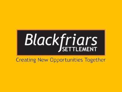 Black Blackfriars Settlement logo with white text in a black rectangle and tagline Creating New Opportunities Together