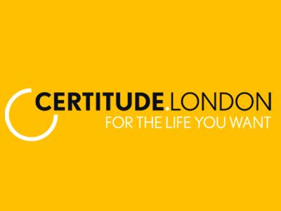 Certitude London logo Black text with a white semi circle and For the Life You Want tagline