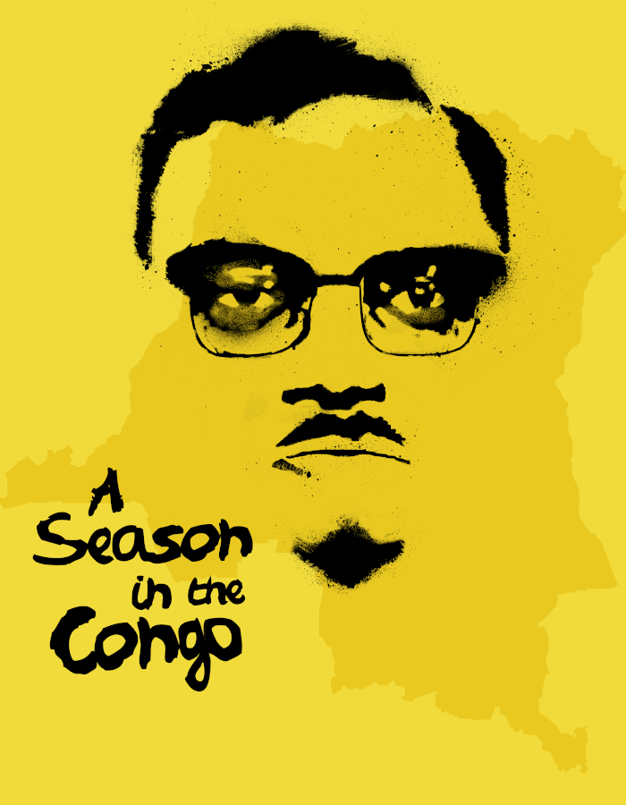 A Season in the Congo title alongside an illustrated portrait of Patrice Lumumba in an ink painting style