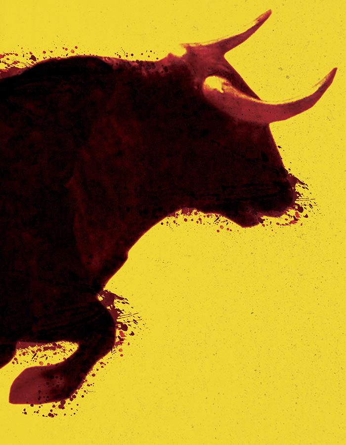 Yellow background with the painted silhouette of the torso of a bull with large horns leaping from left to right across the canvas