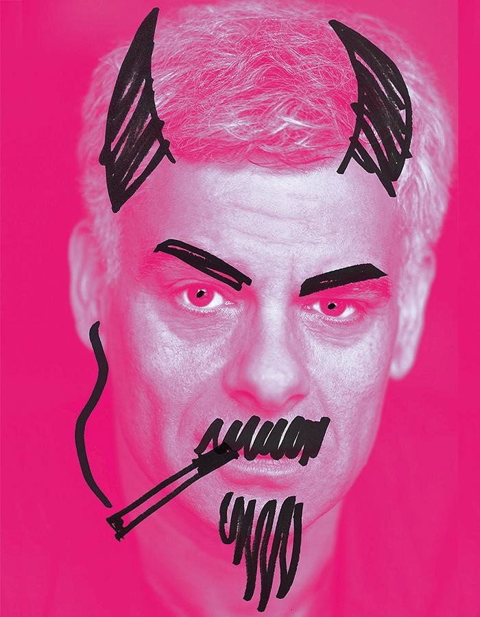 Mark Lockyer's face on a pink background with a pen drawn cigarette, goattee and devil horns.