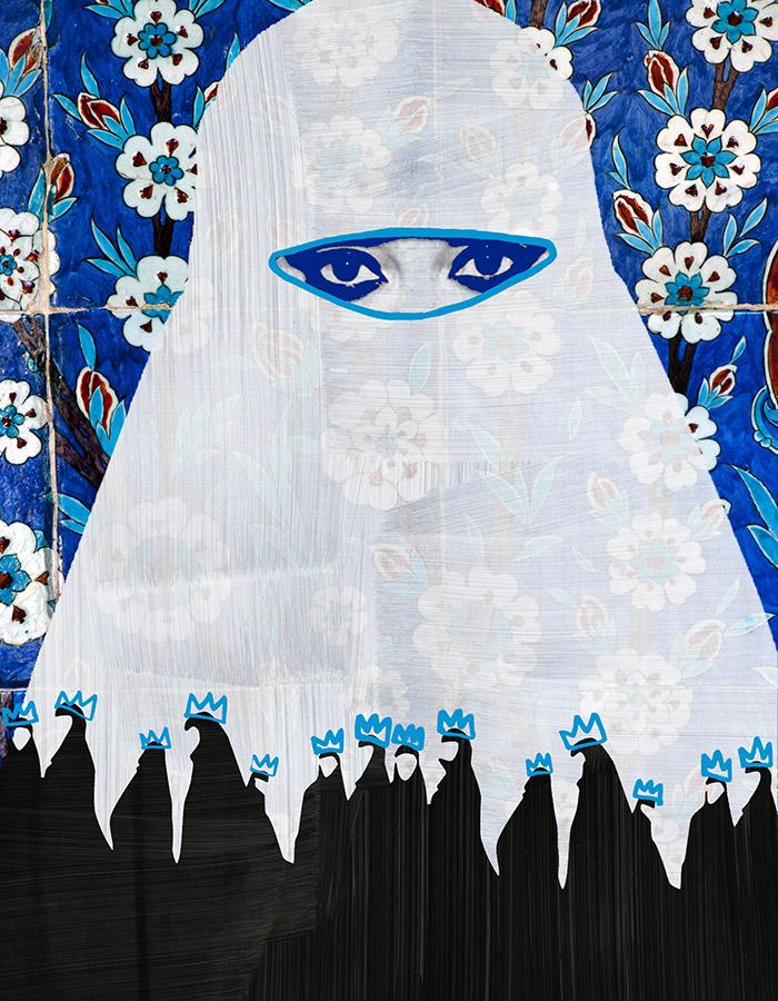 animated/cartoon almost transparent image of a women in a hijab against a blue and white floral background