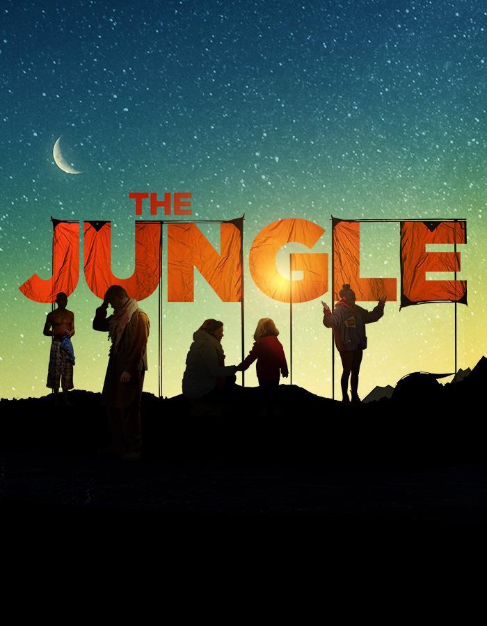 Silhouette of people in the camp with the title of the show 'The Jungle' created using pieces of an orange tent. There is a blue and green starry sky behind the characters. 