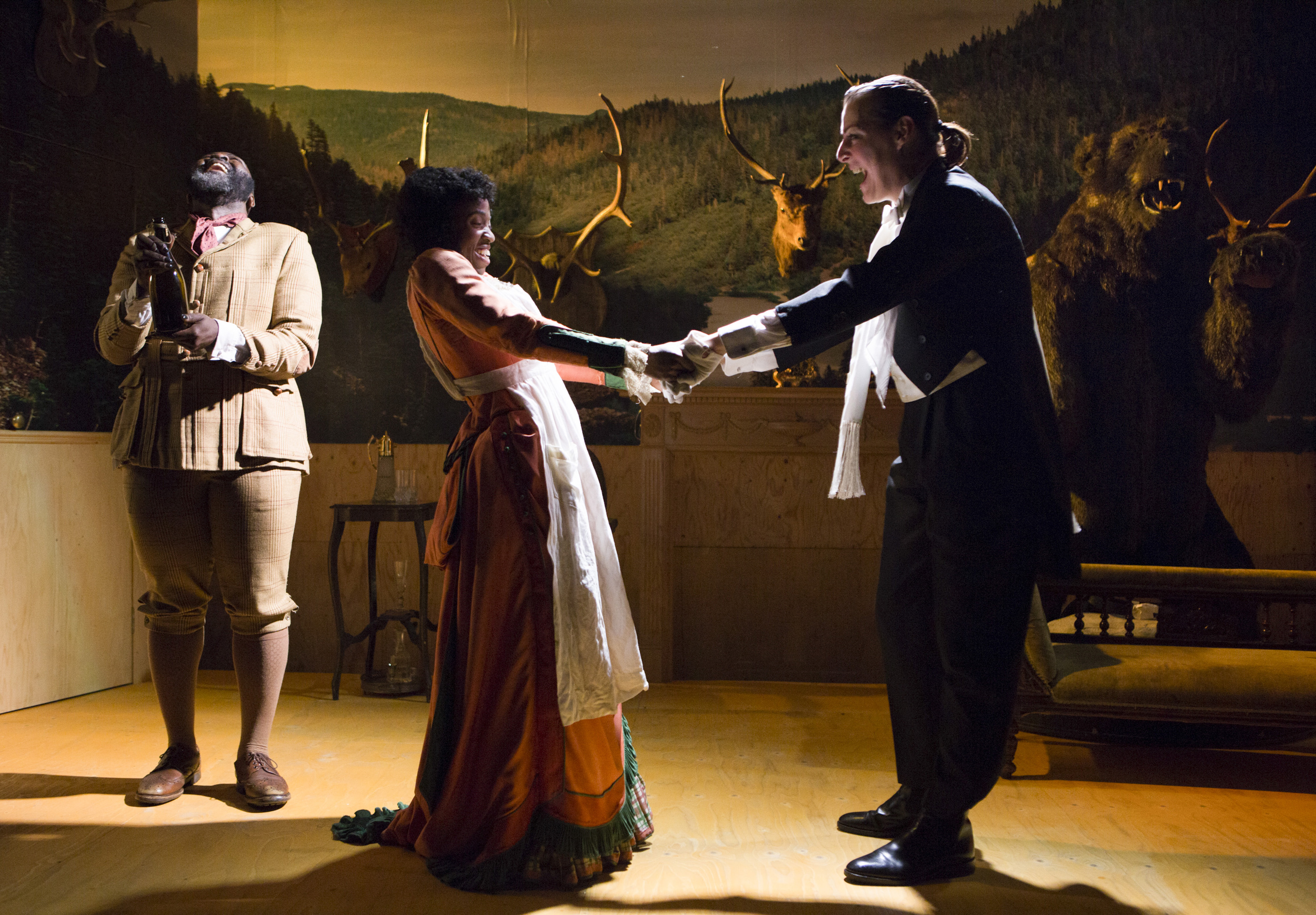 George Ikediashi, Kamari Romeo &amp; Rebecca Root in The Bear The Proposal at the Young Vic © Ellie Kurttz (2)