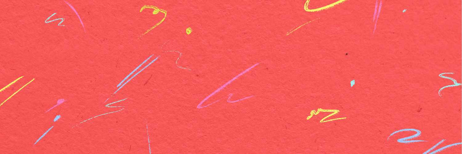 A red background with multicoloured squiggles