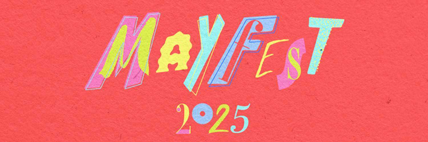 A red background with coloured flecks - text reads May Fest 2025