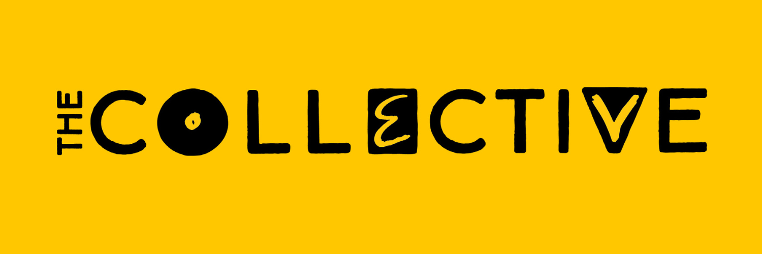 On a yellow background, the words The Collective are written in capital letters. The word The is sideways at a right angle to the word Collective. 