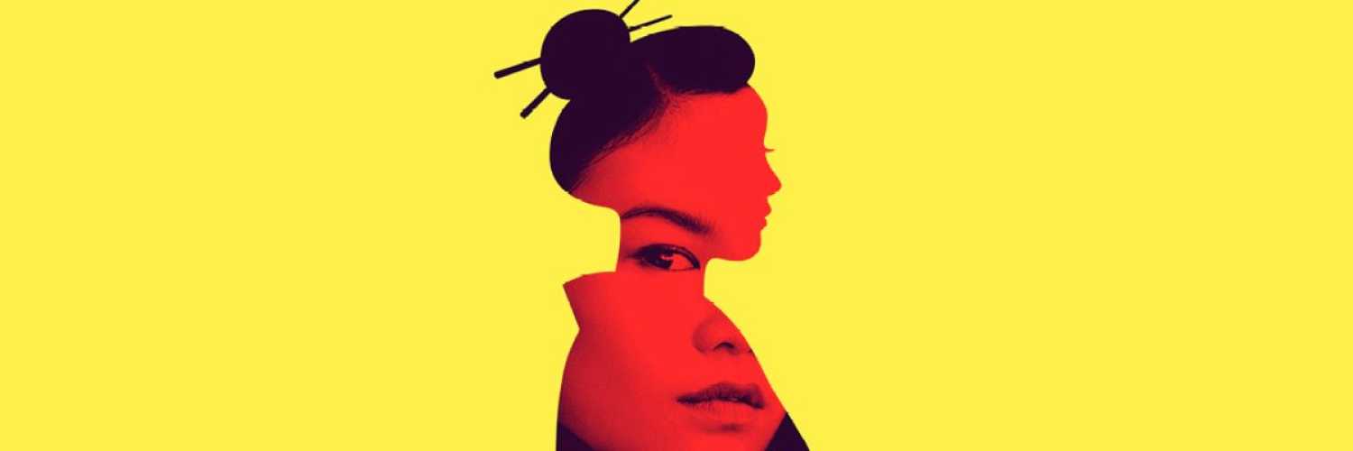 Profile silhouette of a woman on a yellow background. The silhouette has a hair bun held up with hair sticks. Within the silhouette, the face of an ESEA woman stares out defiantly.