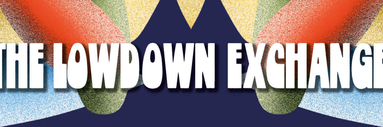 White text over colourful background. Text reads: The Lowdown Exchange