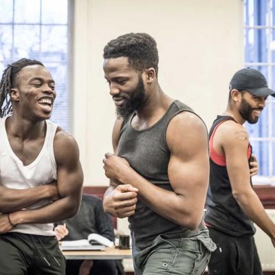 Jonathan Ajayi, Sope Dirisu and Anthony Welsh in rehearsal for The Brothers Size. © Marc Brenner