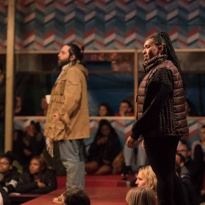 Ammar Haj Ahmad (Safi) and Nahel Tzegai (Helene) in The Jungle at the Young Vic © Leon Puplett