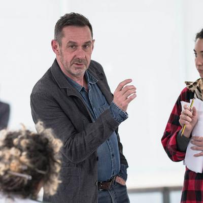 Paul Mason and Lara Sawalha in rehearsals for Why It's Kicking Off Everywhere. Photo by Leon Puplett.