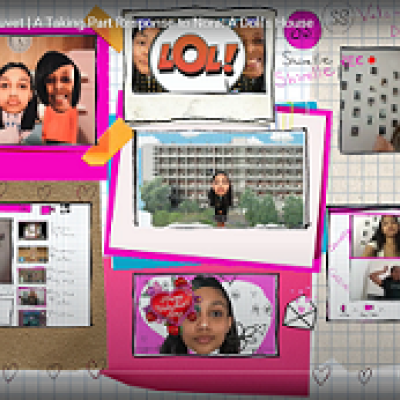 A screenshot of the "Under My Barbie Duvet" youtube video, which shows multiple zoom screens edited over graph paper