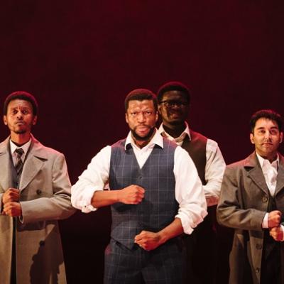 L-R Ntsikelelo Nicholas Vani, Michael Luwoye, Akmed Junior Khemalai and Shiv Rabheru in Mandela at Young Vic (c) Helen Murray