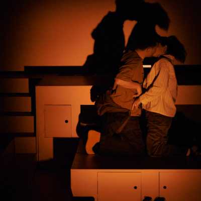 Two people kiss each other in a dimly lit room. Their shadows are cast on the wall behind them. They are both kneeling on a freestanding box on wheels, in front of a wall with built-in step-like blocks that jut outwards.