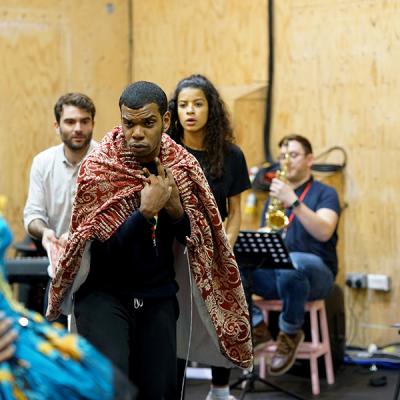 (l-r) Arthur Wilson, Caleb Roberts, Boadicea  in rehearsal for She Ventures and He Wins © Anthony Lee