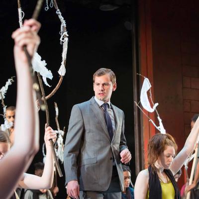 Oscar Batterham in The Suppliant Women at the Young Vic. Photo by Stephen Cummiskey