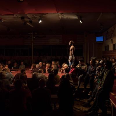 John Pfumojena (Okot) in The Jungle at the Young Vic © Leon Puplett