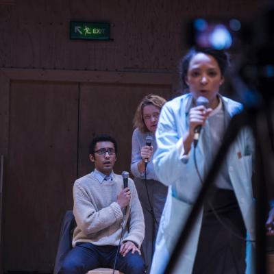 Zach Wyatt, Lucy Briers & Kemi-Bo Jacobs in Wild East at the Young Vic. Photo by Gabriel Mokake.