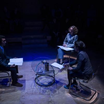 (l to r) Zach Wyatt, Lucy Briers & Kemi-Bo Jacobs in Wild East at the Young Vic. Photo by Gabriel Mokake.