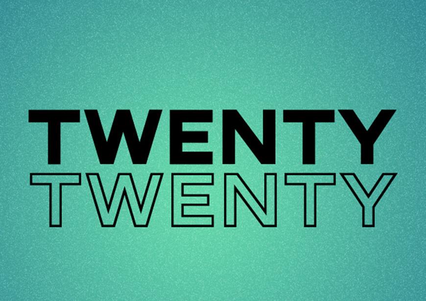 TWENTY TWENTY title on a teal back ground
