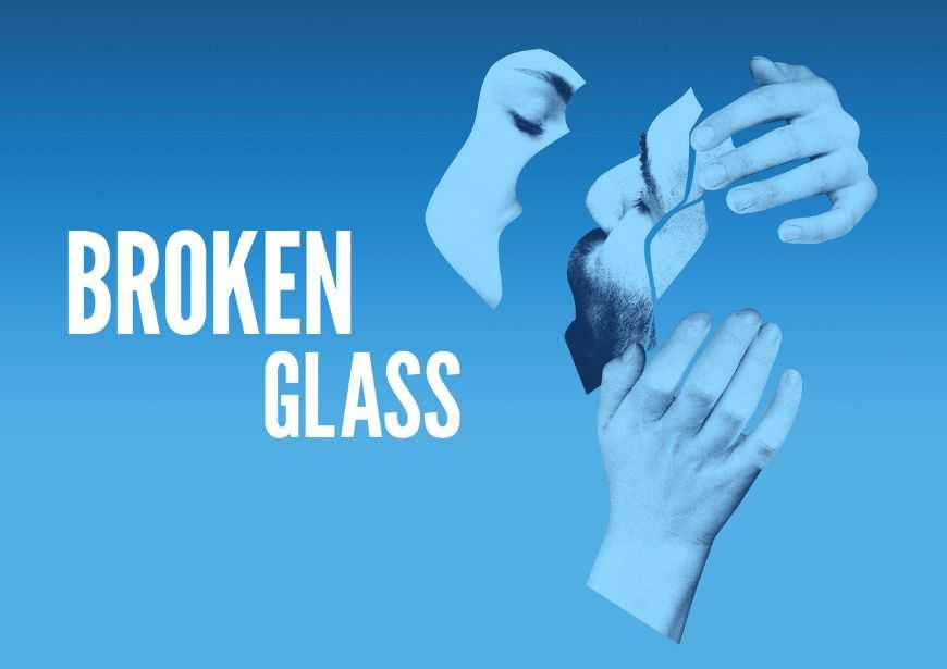 Against a blue background, the abstract side profiles of the faces of a man and woman kissing. The woman's hands are around the man's face which has cracks running down it. White text over the top reads Broken Glass.