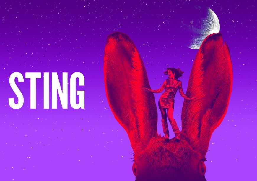 Against a purple background, a silhouette of a girl dances on top of a rabbit's head beneath a disco ball in the shape of a half moon. White text over the top reads Sting.
