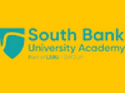 South Bank University Academy logo which has a blue shield with a curved line running through it on the left hand side