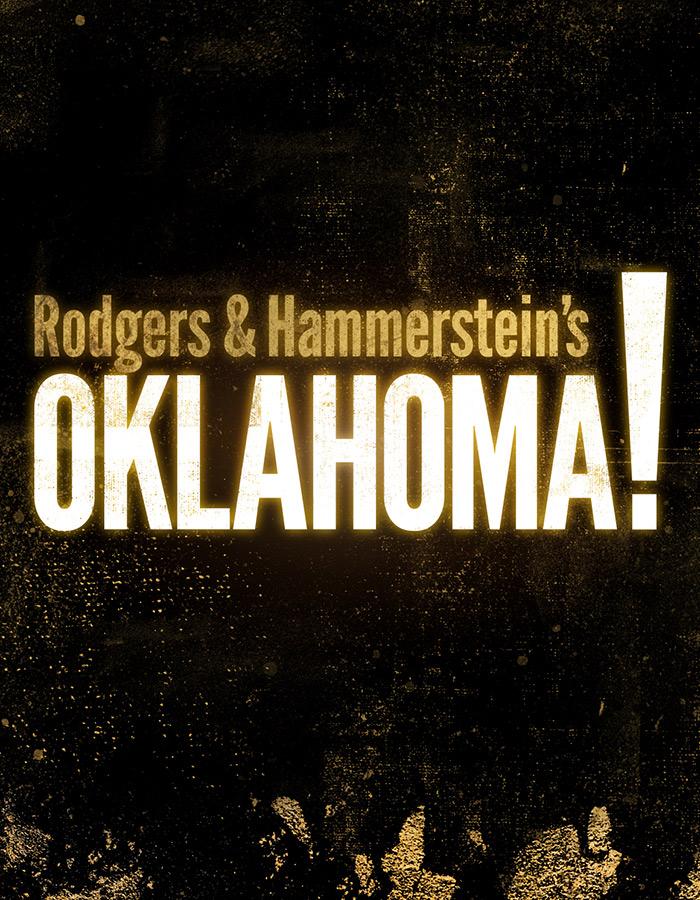 A black background with gold flecks The words Rodgers & Hammerstein's are in gold above the world Oklahoma! in white