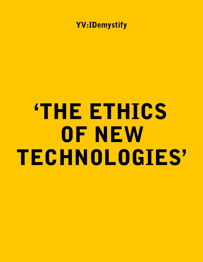 The words 'The Ethics of New Technologies' in black on a yellow background