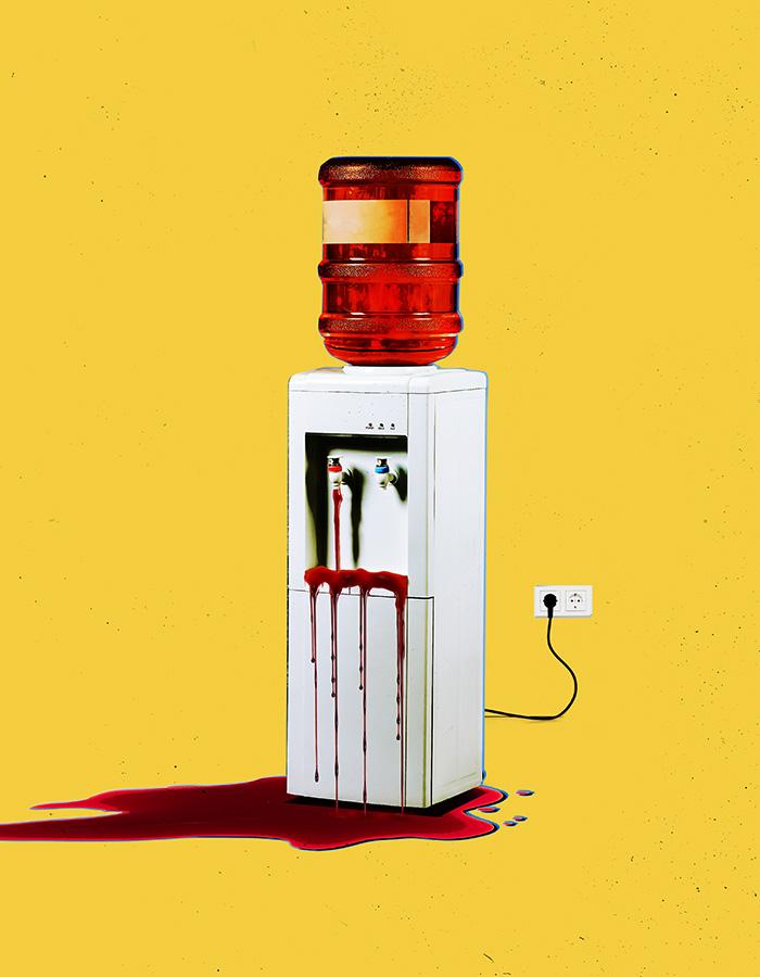 The Secretaries 1st to 11th June 2022. Image description: A blood filled water cooler over flows onto the floor into a big puddle and runs off the yellow page.