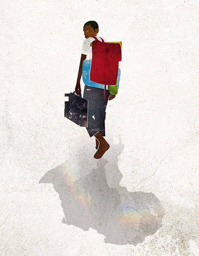 Black boy against a white background with red rucksack on his back holding another bag walking way