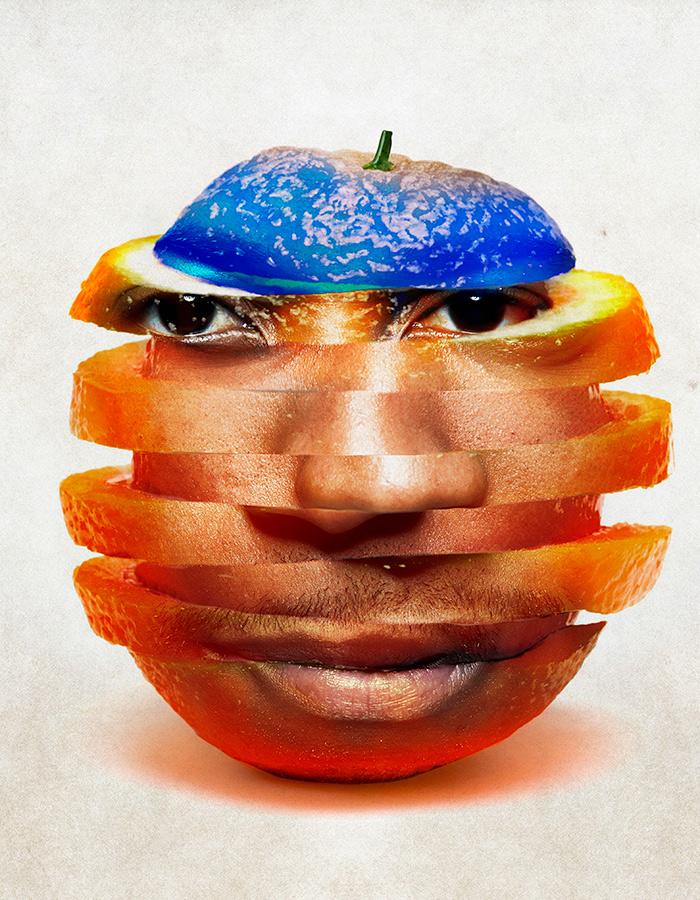 A black man's face embedded into an orange which has been cut and stacked in long slices with blue discoloration on top of the orange