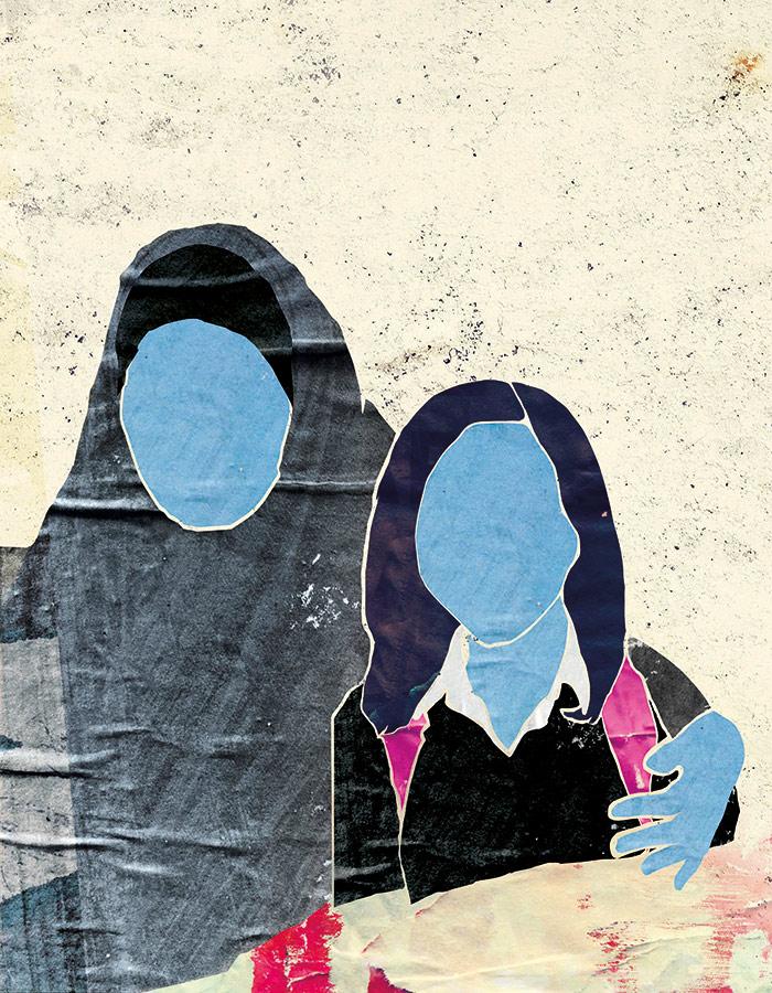 Animated silloutes a women (mother) and a girl colored in blue, their faces have no feautures , the women is  in a hijab and the girl in school uniform. The women in a hijab has her arm around the girl in school unifom