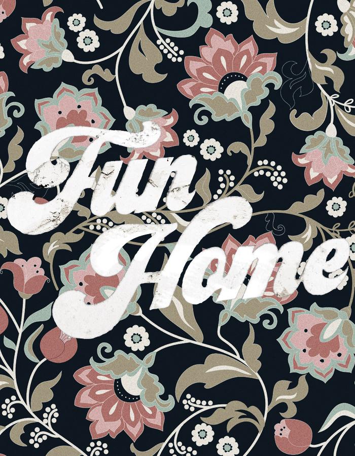 A faded 70s style print featuring flowers with an aged, off-white Fun Home title placed on top.