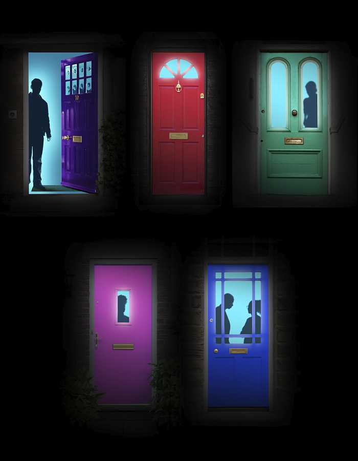 Five different coloured doors with a blue light coming out of the windows sit against a black background. Different silhouettes are visible behind each door.