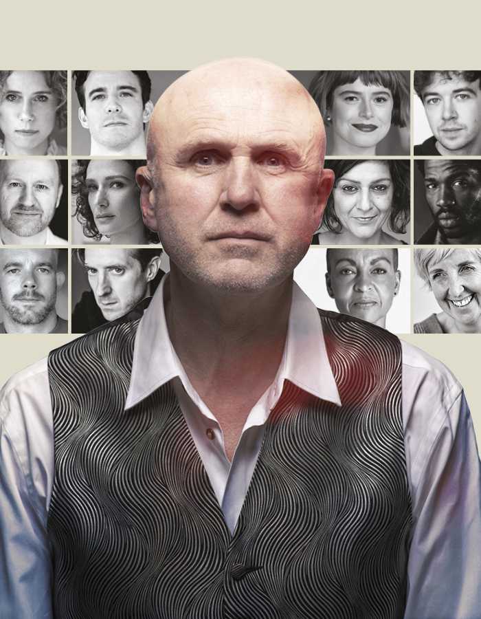A head and shoulders shot of Tim Crouch wearing a white long sleeve shirt and a patterned gray vest. Bahind him are blurry shadows of his head facing the left and right.  Behind him are headshots of the guest artists.