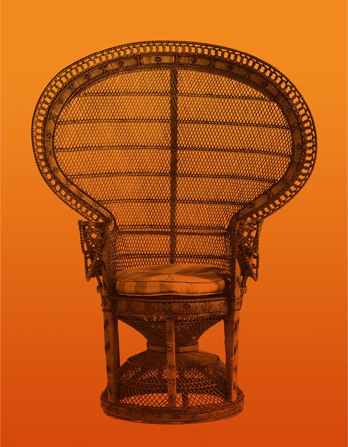 Beneatha's Place. From 27th June to 5th August. A photo of a peacock rattan chair on a light to dark orange gradient background. 