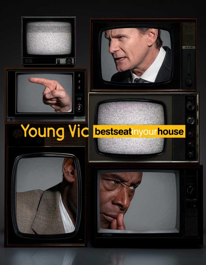 6 1960s TVs stacked on top of each other. David Harewood is split across 2 TVs and Charles Edwards in pointng at him, also split across 2 TVs. There is white noise on the other screens