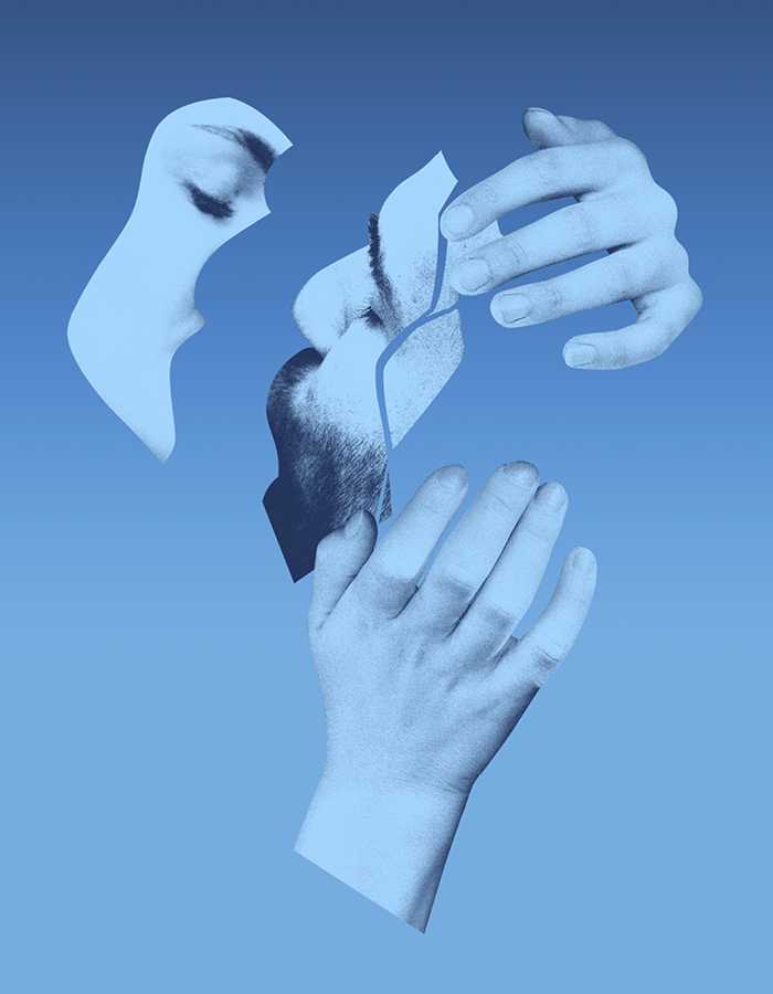 Against a blue background, the abstract side profiles of the faces of a man and woman kissing. The woman's hands are around the man's face which has cracks running down it.