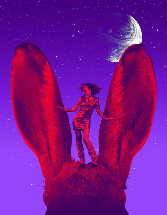 Against a purple background, a silhouette of a girl dances on top of a rabbit's head beneath a disco ball in the shape of a half moon.