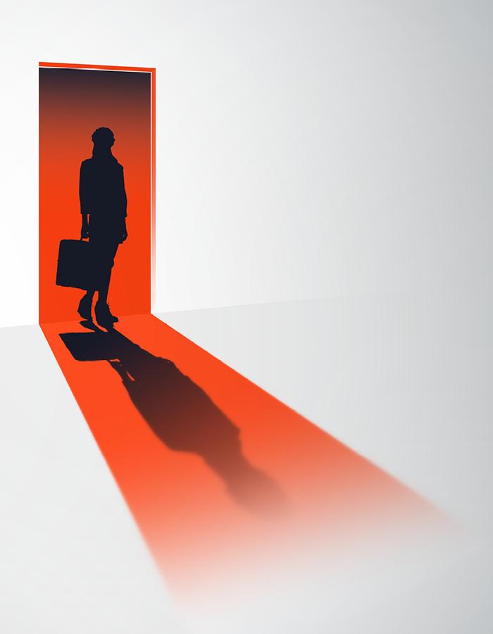 The Homecoming. From 27th November 2023 - 27th January 2024. An illustration of a woman's silhouette standing in a doorway of red light holding a suitcase. The title The Homecoming is in black capitals against a light grey background.