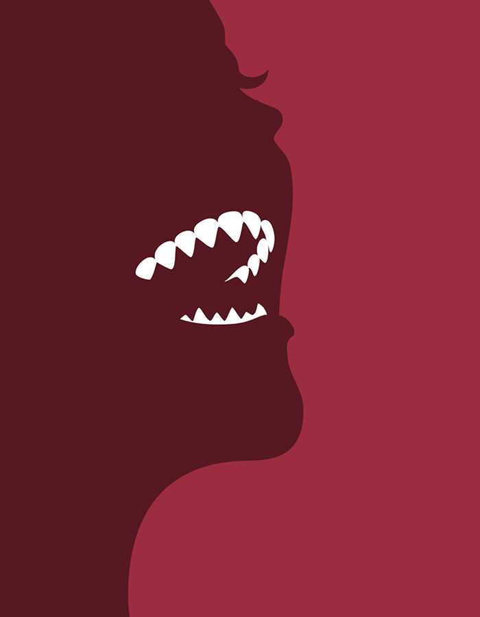 On a blood-red background, the silhouette of a woman is visible in a slightly different shade of red. Her eyelash is visible, and her mouth is open. The teeth in her mouth are white (the only thing in the image that isn't red), and they are exaggerated so every tooth in the mouth is a canine. 