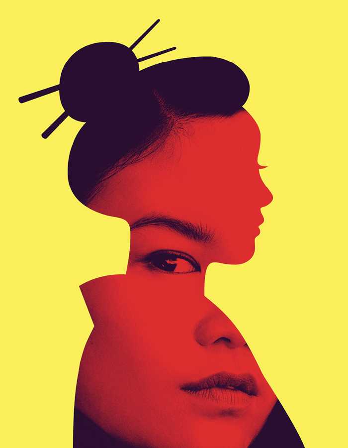 untitled f*ck m*ss s**gon play. Coming soon in autumn 2023. Profile silhouette of a woman on a yellow background. The silhouette has a hair bun held up with hair sticks. Within the silhouette, the face of an ESEA woman stares out defiantly.