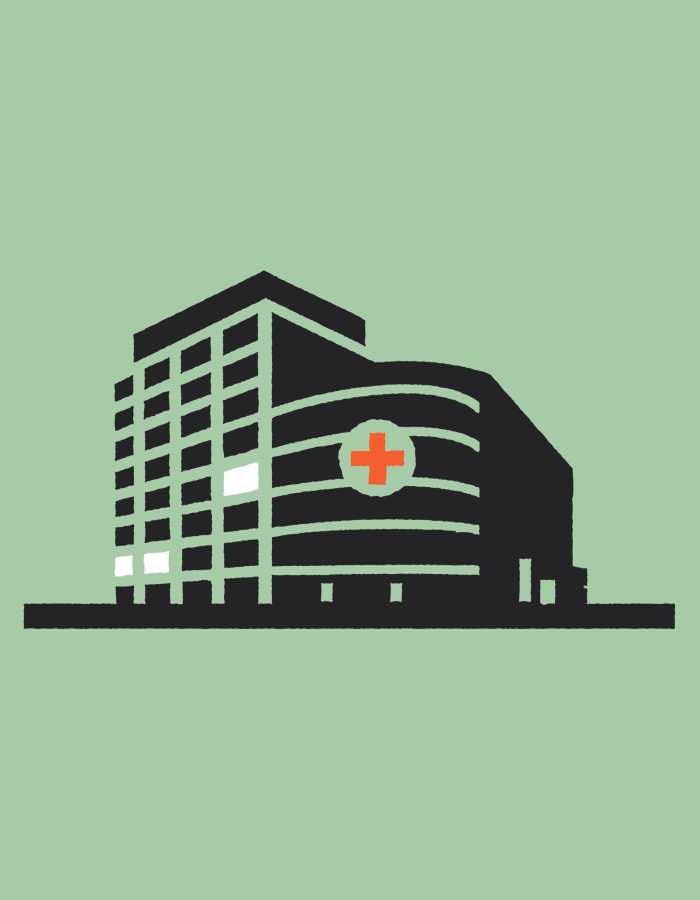 A graphic of a hospital on a green background