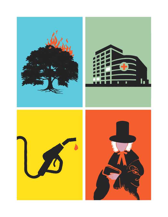 A grid of 4 images consisting of: A graphic of a tree with flames coming out of one side on a blue background. A graphic of a hospital on a green background. A graphic of a petrol pump nozzle on a yellow background. A graphic of a Puritan in traditional dress on a red background