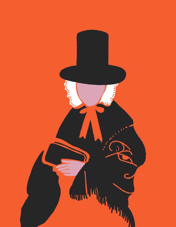 A graphic of a Puritan in traditional dress on a red background
